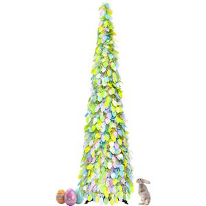 Pop Up Easter Egg Tree, 5FT Artificial Colorful Easter Egg Tree, Collapsible Tinsel Pencil Tree Easy-Assembly Coastal Glitter Artificial Tree for Apartment Party Corner Home Indoor Spring Decor