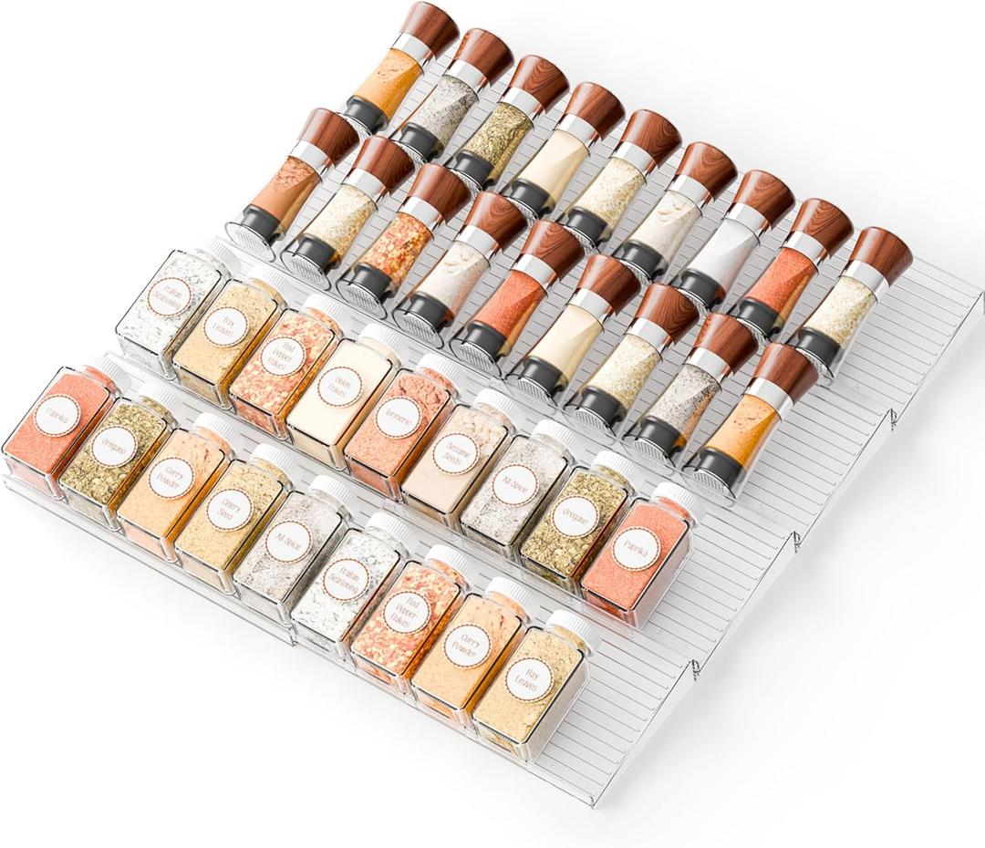 Yieach 8 Pack Adjustable Narrow Spice Rack for Drawer - Expandable From 9" to 17.7" - Acrylic Drawer Seasoning Organizer,Tiered Clear Spice Tray for Spices,Condiment,Nail Polish and Jar Organization