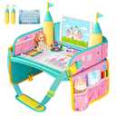 MENZOKE Car Seat Tray with 2 Removable Castle Towers, Carseat Tray for Toddler Girls Gifts Age 45, Kids Travel Tray for Kids,Foldable Snack Table with Storage Pockets for Road Trip,Pink & Green