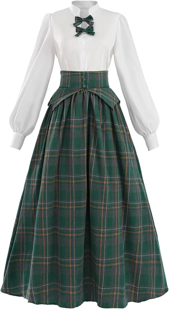 LTAKK Victorian Dress for Women Plaid Edwardian Renaissance Dresses Vintage Tartan Skirt, Green Plaid, XXL