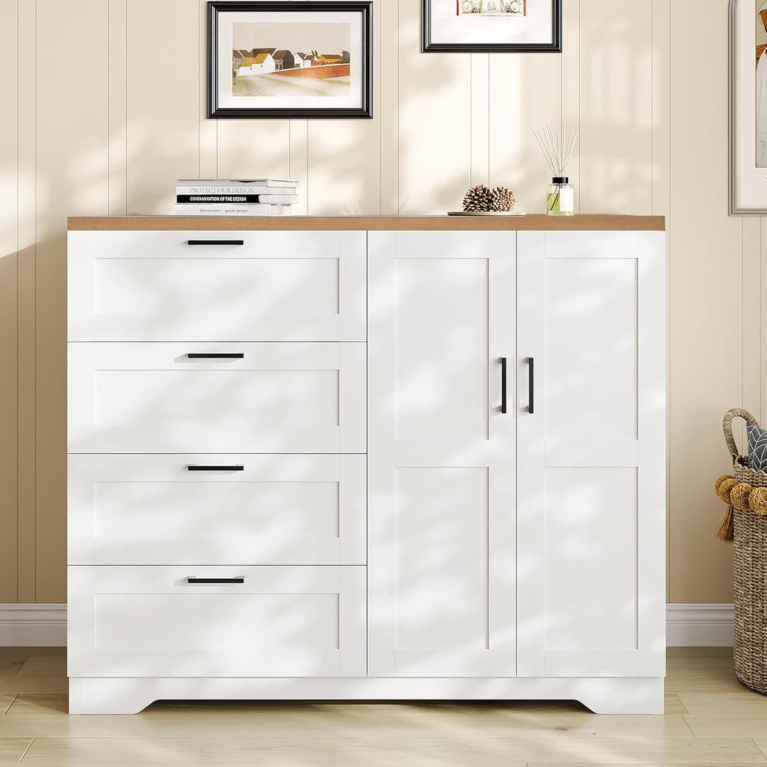 GarveeHome Multifunctional Wooden Dresser for Bedroom, 43.3 in H 2 Door Wardrobe Armoire Closet with 4 Drawers and Hanging Rod, Low Storage Cabinet for Hanging Cloth, White and Brown