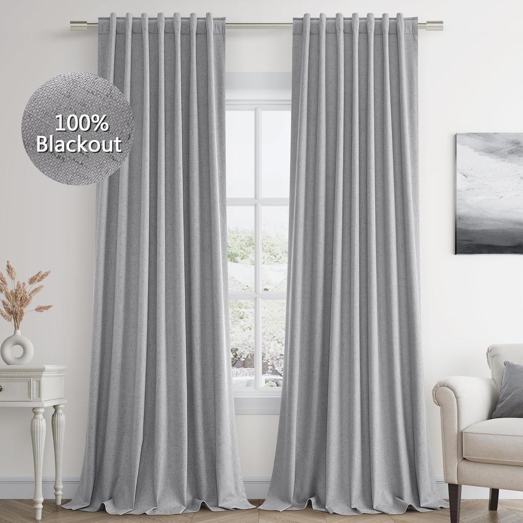 Light Grey Linen Blackout Curtains 108 Inch Length 2 Panels Set for Living Room Bedroom Back Tab Thermal Insulated 100% Black Out Linen Drapes Room Darkening Window Curtains 108 Inches Long