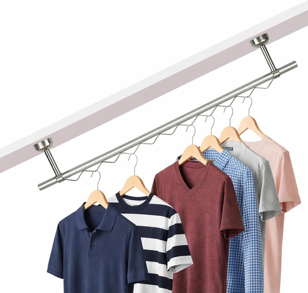 Ceiling Mounted Closet Rod, Stainless Steel Hanging Rod for Clothes, Adjustable Overhead Clothes Rail for Closet, Bedroom and Laundry Room