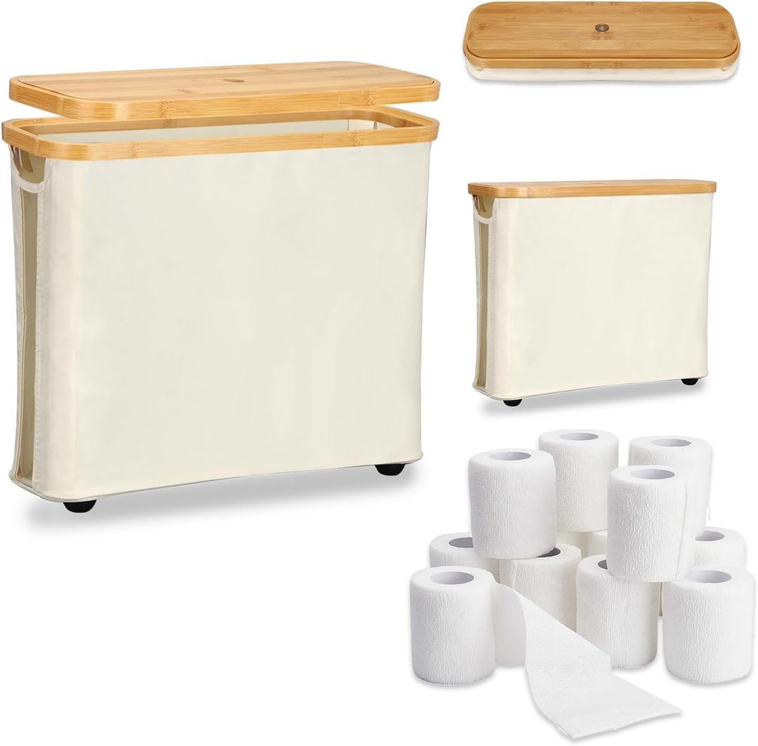 24 L Toilet Paper Storage Basket, Collapsible Bathroom Toilet Paper Holder Tall Slim Laundry Hamper with Lid Wood Toilet Roll Organizer for Bathroom Holds Up to 9-12 Rolls (Beige)