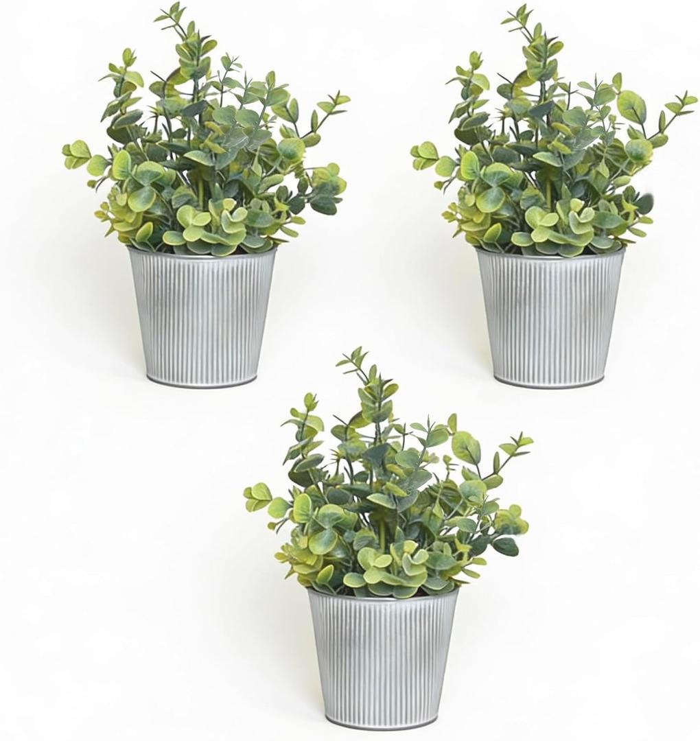 3-Pack Artificial Eucalyptus Plants in White Ribbed Galvanized Metal Pots, Small Fake Greenery Potted Plants for Home Decor, Rustic Farmhouse Table Centerpiece for Kitchen, Bathroom, Bedroom & Office