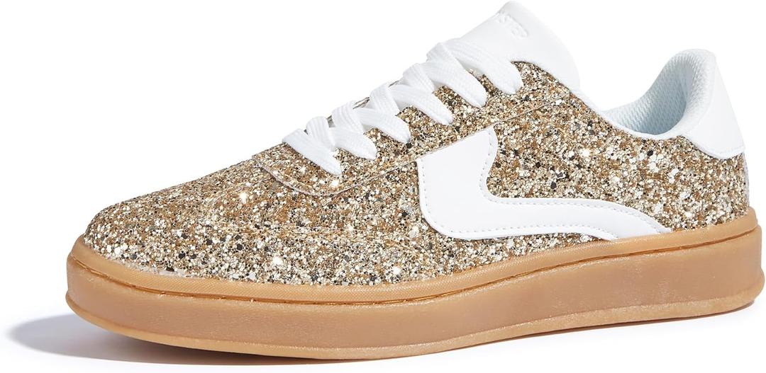 LUCKY STEP Women's Glitter Sneakers Fashion Retro Casual Sparkly Bling Shiny Dressy Bedazzled Bridal Wedding Anti Slip Walking Shoes