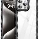 SKYLMW Compatible with iPhone 15 Pro Case, Kawaii Cute Curly Wave Frame Luxury Plating Edge, Stylish Glossy Clear Back, Soft TPU Shockproof Protective Cases for iPhone 15 Pro, Black