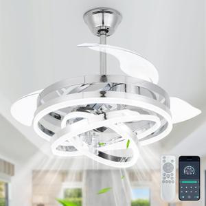 42" Retractable Ceiling Fan with Lights Remote Modern Fandelier Chandelier Ceiling Fans Quiet Reversible DC Motor 3000K-6000K Dimmable LED 3 Colors 6 Wind Speeds for Bedroom Living Room