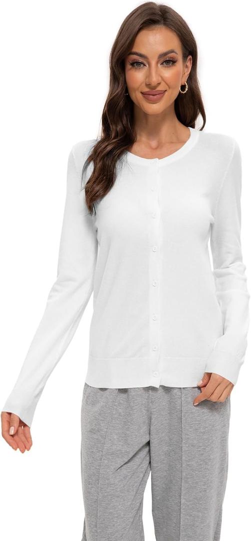 Women's Lightweight Cardigan Sweater with Crew Neck Ivory White (Large)