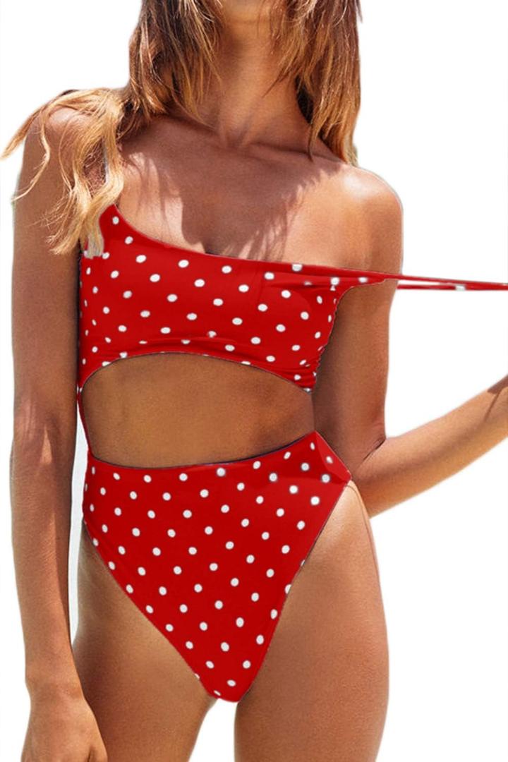 Meyeeka Womens Scoop Neck Cut Out Front Lace Up Back High Cut Monokini One Piece Swimsuit (Small, Polka Dot)