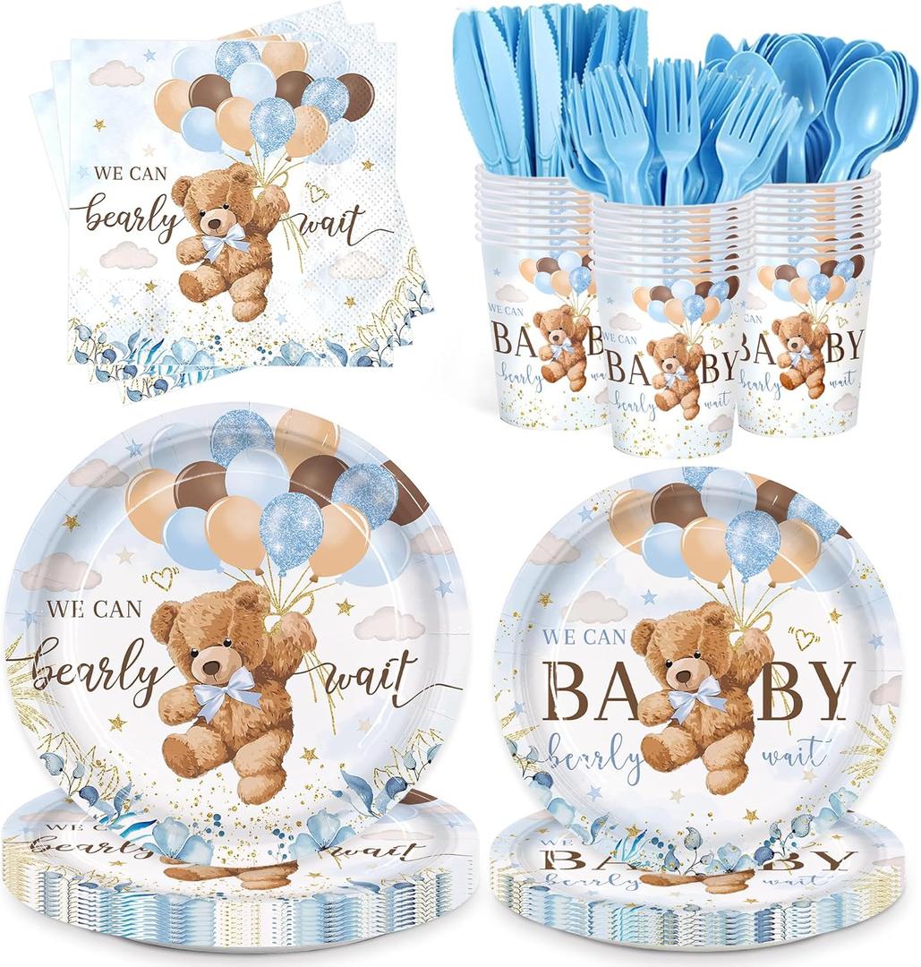 168pcs We Can Bearly Wait Bear Plates Napkins Party Supplies Disposable Cups Paper Tableware Set Baby Shower Decorations for Boy Gender Reveal Serve 24 Guests