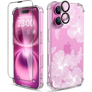 for iPhone 16 Case, 3 in 1 Screen & Lens Protectors, Floral Cover | Soft TPU Material | Clear Cute Flower Design | Shockproof Protection | Designed for Women & Girls,Flower-2/White