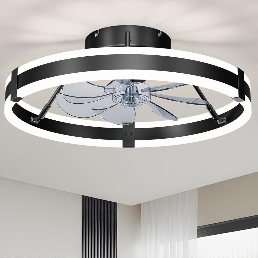 Low Profile Bladeless Ceiling Fan with Lights & Remote - 19.7" Flush Mount Fandelier Light Fan for Bedroom/Kitchen, 3000-6000K Dimmable LED, 6-Speed Modern Fan with Lights for Home/Office (Black-Style 2)
