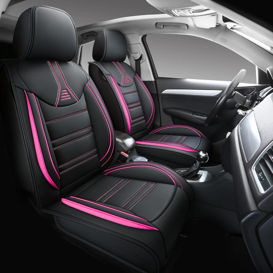Yeleno02 Leather Car Seat Covers 5 Seats Front & Rear Seat Protector Full Set Universal Fit, Airbag Compatible (Black&Rose)