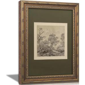 Vintage Gold Framed Wall Art Tree Forest Landscape Painting Canvas Prints Green Gray Tree Natural Sketch Picture Rustic Farmhouse Poster Artwork for Living Room Bedroom Bathroom, 9x11in