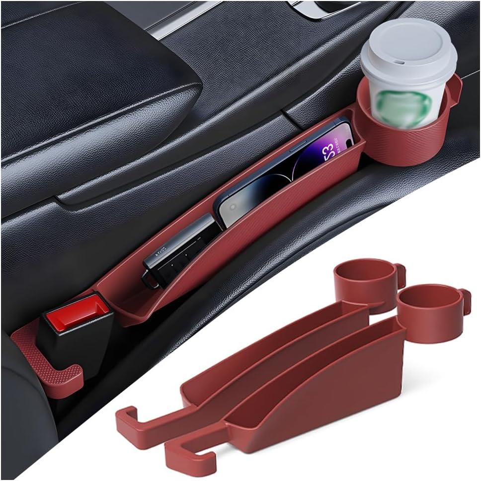 2PCS Car Seat Gap Filler, Multifunctional Vehicle Seat Side Gap Plug Blocker with Cup Holder & Storage Slot, No Drop Automotive Console Crevice Stopper, Universal for Truck SUV Van (Red)
