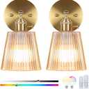 Vintage Battery Operated Wall Sconce Set of 2, Wireless Rechargeable Dimmable Wall Light with RGB Bulb and Remote for Bedroom, Vintage Gold Wall Lamp for Bedroom Living Room Hallway (Amber)