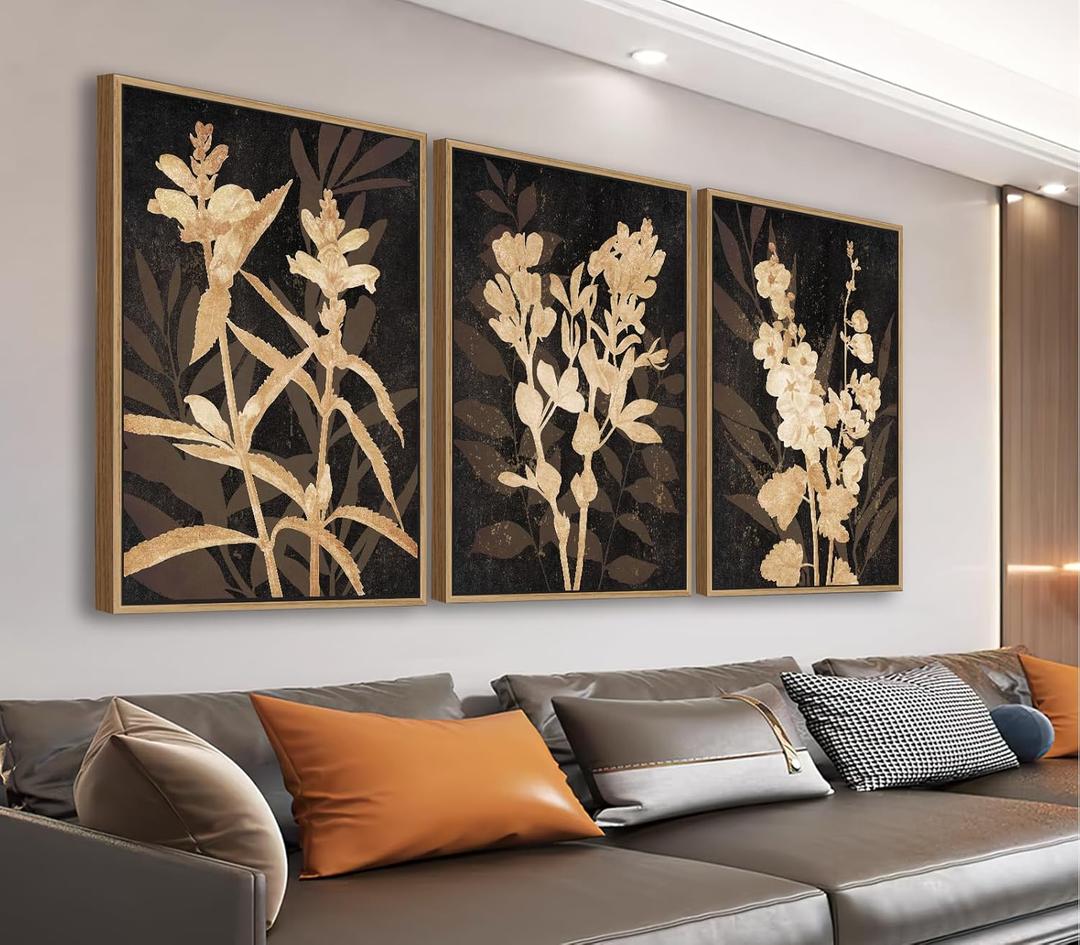 Large Rustic Framed Wall Art - Natural Float Framed Brown Flower Branch Black Canvas Pictures Decor Brown Leaf Artwork Prints for Bedroom Living Room Kitchen Home Office Decoration 72" X 36" Set of 3 (Sepia)