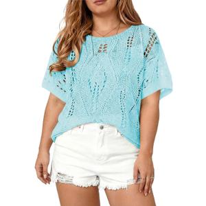 Eytino Women's Plus Size Crochet Hollow Out Half Sleeve Summer Sweater