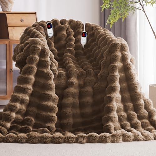 Anysay Heated Blanket King Size with 1/2/4/6/8 Hours Auto-Off 10 Heat Level, 90'' * 100'' Cozy Faux Rabbit Fur Bubble Electric Blanket with Overheat Protection(Brown)