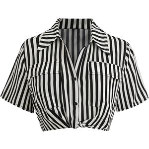 WDIRARA Women's Plus Size Striped Short Sleeve Blouses Button Down Shirt Twist Front Collared Crop Top, Black and White, Large Plus