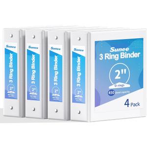 SUNEE 2 Inch Binders 3 Ring 4 Pack, PVC-Free Clear View 2" Binders (Fits 8.5x11 Inches) for School, Office & Home Use, White