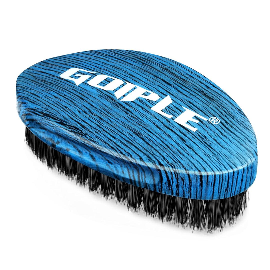 360 Curved Wave Brush For Men & Beard - Medium Hard Palm Wave Hair Brushes Wave Styler Great for Wolfing - Made with Beech Mix Boar & Nylon Bristle Brush for Barbers & Daily Use Black Hair (Blue)