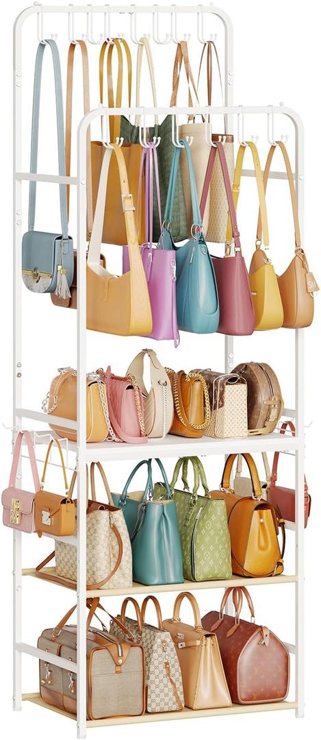 Large Tall Purse Organizer for Closet with 14 Purse Hanger, Double Rods Purse Rack Stand with 8 Side Hooks, 5-Tier Handbag Organizer Shelf, Space-Saving Purse Storage Organizer for Small Place