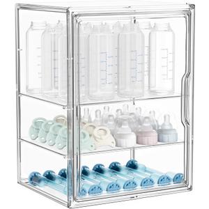 HBlife Baby Bottle Storage Organizer for Countertop Cabinet, 3 Tiers Adjustable Clear Acrylic Bottles Storage Station Case Box Container with 2 Removable Dividers and Magnetic Door, Large