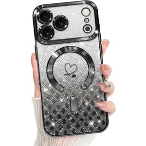 Bonoma Compatible with iPhone 17 Pro Max Case 2025 Support for MagSafe, Plating Heart Glitter Magnetic Checkered Case TPU Camera Protection Back Cover for Girls Women -Black