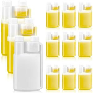 Lounsweer 12 Pcs Plastic Flask with Built in 1oz Shot Glass Graduated Chamber with Caps, Measuring Bottles One for Filling and One for Dispensing, to Store, Measure Dispense Liquids (32oz)