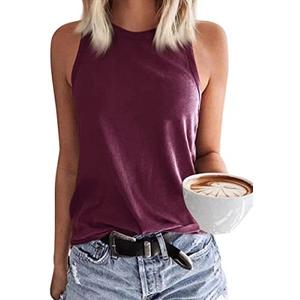 Langwyqu Womens' Crewneck Sleeveless Summer Casual Loose Fit Basic Shirt, M, Magenta