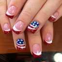 24Pcs 4th of July Press on Nails Short Square French Tip Fake Nails with Glitter Glue on Nails American Flag Acrylic Nails Independence Day False Nails Patriotic Nail Tips Stick on Nails for Women Set of 4