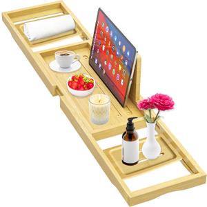 Premium Bathtub Tray - Expandable Bamboo Wooden Bath Trays for Bathub - Bath Tub Table Tray for Bathtub/Tub,Adjustable Size, Fits Most Tubs