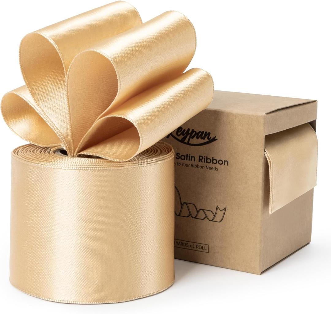 Keypan Champagne Gold Satin Ribbon Double-Faced Wired Ribbons for Gift Wrapping Flower Bouquet Bows Wedding Invitation Christmas Decor Crafts 2-1/2 Inch 10 Yards