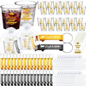 Yungyan 50 Sets Graduation Party Favors for Guests 2026 Congrats Grad 2.87oz Shot Glasses Aluminum Bottle Opener Keychain Thank You Cards Bulk for Graduation Party Guests Souvenirs (Black and Gold)