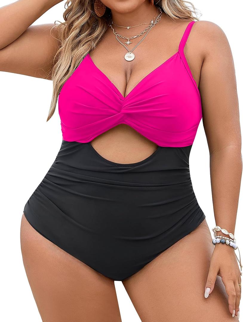 Blooming Jelly Womens Plus Size Bathing Suit Tummy Control One Piece Swimsuit Twist Front Ruched Swimwear (Large, Black and Pink)