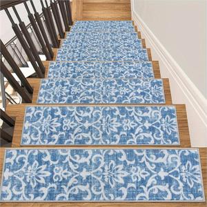 Lahome Carpet Stair Treads Non Slip Backing, 15 Pack 8" X 30" Stair Treads for Wooden Steps Indoor, Soft Washable Stairway Stair Runners Oriental Staircase Rugs for Kids Pets Elders(15pc, Blue)