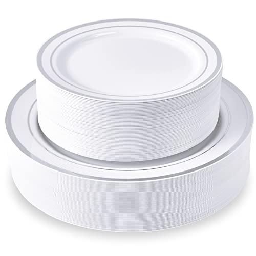 JollyPack 100 Piece Disposable Silver Plastic Party Plates, Including 50 10 Inch Dinner Plates and 50 7 Inch for Dessert, Great for Parties, Weddings, Home Use, and Christmas