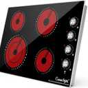 30 Inch Built-In Electric Ceramic Glass Cooktop, 4 Burners, 7200W Total Power, Knob Control, Compatible with Flat-Bottom Cookware, 220-240V Hardwired