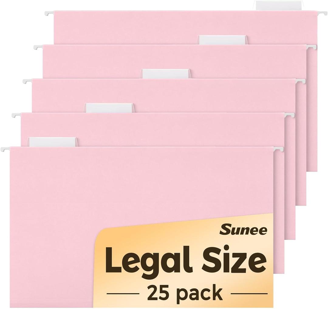 SUNEE Hanging File Folders Legal Size, Pink File Folders 25 Pack 1/5-Cut Tabs, Stay Organized for Your Home and Office Bulk File and Documents
