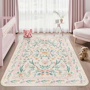 Dadasgk Pink Floral Area Rug for Nursery, 5x7 Washable Rounded Corner Rugs for Bedroom Girls Playroom or Kids Room, Boho Soft Non-Slip Carpet for Classroom Dorm Girl Room Decor