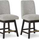 Signature Design by Ashley Burkhaus Urban Counter Height Upholstered Swivel Bar Stool with Footrest, Set of 2, Beige & Dark Brown