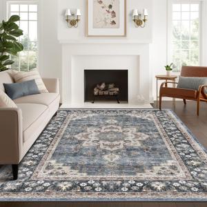 Poeti Washable Rug, Ultra Thin 8x10 Area Rugs - Non Slip Carpet - Large Area Rugs for Living Room Bedroom Rug - Vintage Floral Rug, Navy