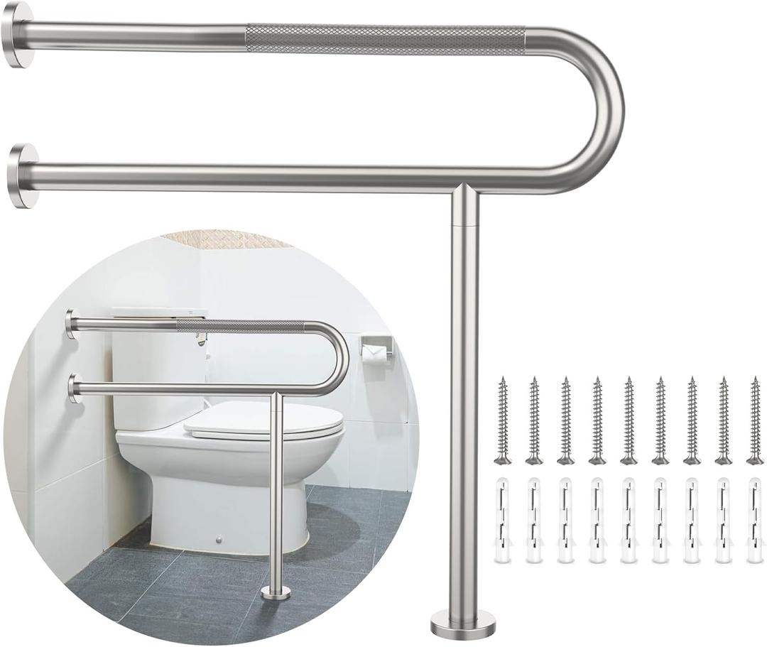 Toilet Support Rail 31.3X 31.5 Inch, Munzong Anti-Slip Satin Brushed Nickel Handicap Grab Bar for Bathroom, Stainless Steel Knurled Safety handrails with Leg for Elderly Disabled Pregnant-1.25Tube