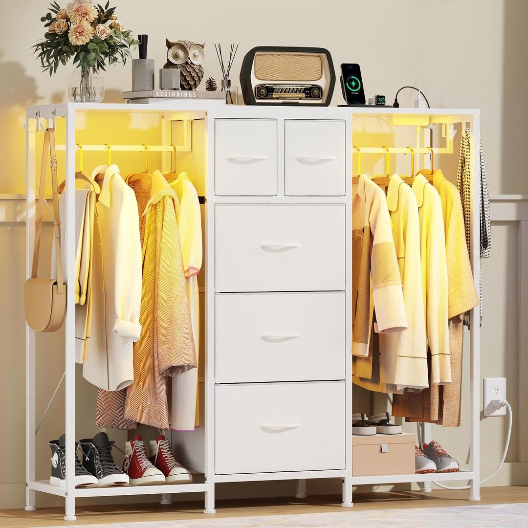 HIGDBFE 49.2W Dresser with 2 Hanging Racks, 5 Drawers Dresser with LED Lights & Charging Station, Dressers TV Stand with Clothes Rack, Shoe Racks and Side Hooks, Chest of Drawers for Bedroom, White, 11.8"D x 49.2"W x 43.9"H