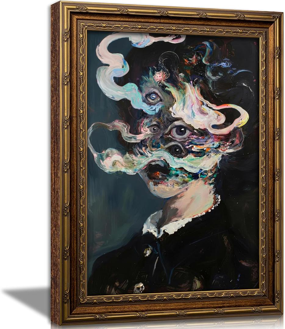 Vintage Gold Framed Gothic Wall Art Maximalist Witchy Feminine Eyes Painting Canvas Prints Dark Academia Poster Surreal Trippy Picture Artwork for Bedroom Living Room Home Decor (11''Lx9''W)