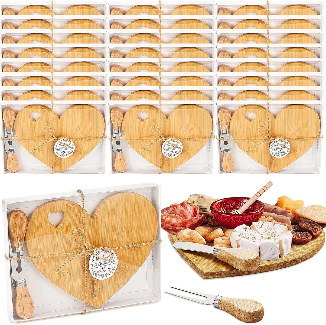 Patelai 24 Set Bridal Baby Shower Favor Heart Cheese Board with Knife, Wood Mini Charcuterie Board Thank You Gift Box for Guest Bridal Baby Shower Prize Wedding Valentines Birthday (Bamboo Color)