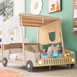 Full Size Car Bed with Car-Light Shape LED & Pillow,Wooden Kids Racecar Bedframe W/Magazine Holder & Ceiling Cloth,Easy Assembly,Toy Bedroom Furniture for Boys Kids Toddlers Child, Natural