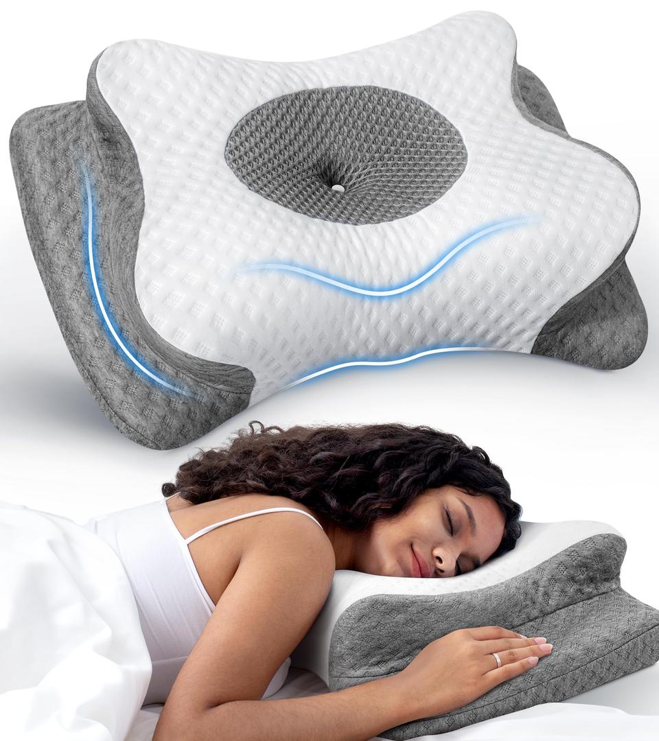 Anvo Memory Foam Pillow, Neck Contour Cervical Orthopedic Bed Pillow for Sleeping Side Back Stomach Sleeper, Ergonomic Design for Neck and Shoulder Pain Relief